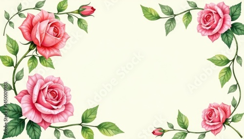 Delicate watercolor roses, climbing vines, and leaves on a cream background , shabby chic, botanical, rose pattern