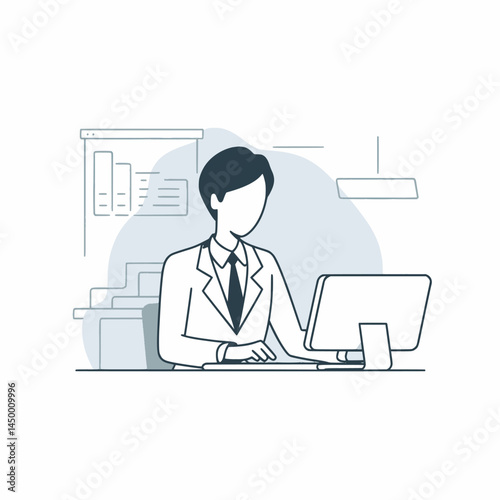 Businessman working with laptop while facing the monitor screen illustration design on white background