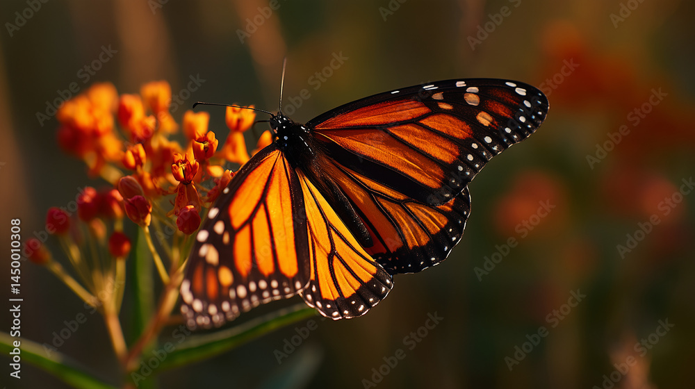 Fototapeta premium A vibrant monarch butterfly gracefully perched on delicate orange blossoms, captured in a moment of natural beauty.