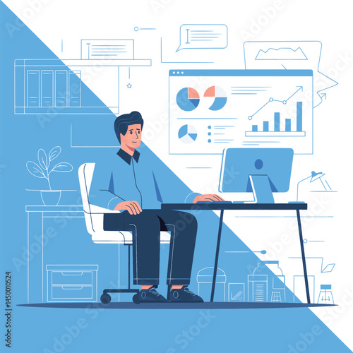 Businessman working with laptop while facing the monitor screen illustration flat on office background