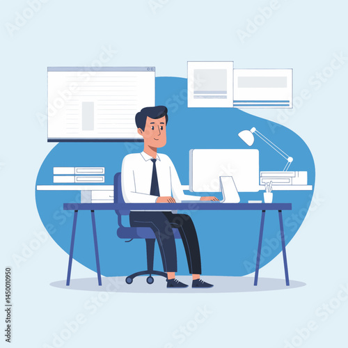 Businessman working with laptop while facing the monitor screen illustration on office background design
