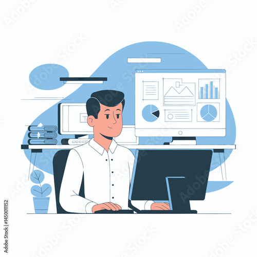 Businessman working with laptop while facing the monitor screen illustration on office background flat design