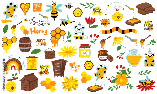 A set of flat flowers for honey and beekeeping. Jars, honey, honeycombs, a beehive. Funny little bee. Flowers, sunflower. Fresh products from an organic eco-farm and flower arrangements. Color shades