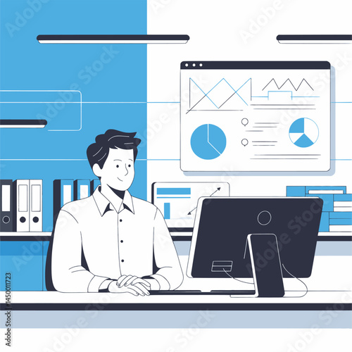 Businessman working with laptop while facing the monitor screen illustration on office background.