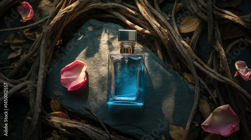 Luxury perfume bottle on forest floor with flower petals and tree roots photo