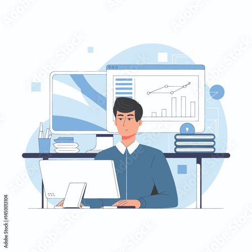 Businessman working with laptop while facing the monitor screen on illustration