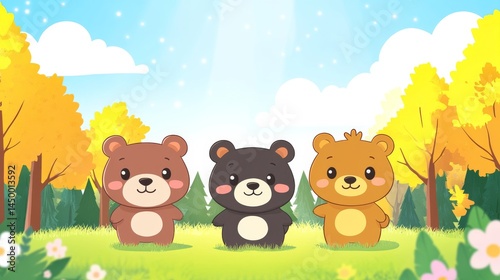 Three cheerful cartoon bears in a autumnal forest scene.