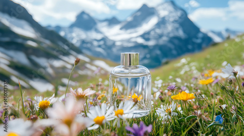 Glass perfume bottle with colorful flowers in the snowy mountains, product mockup photo