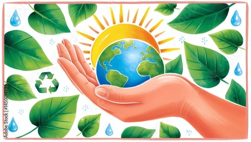 Sustainable environment concept with globe in hands and surrounding sun and green leaves for global awareness