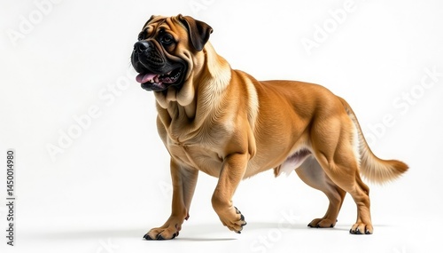Majestic mastiff, powerful stance, white background, coat, large, isolated