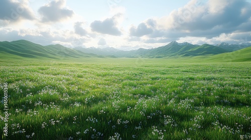 A serene, sunlit green field with mountains & scattered white flowers