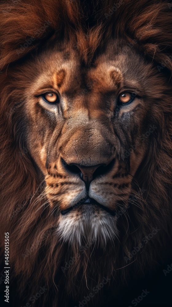 Naklejka premium intense lion head closeup with deep gaze wildlife concept