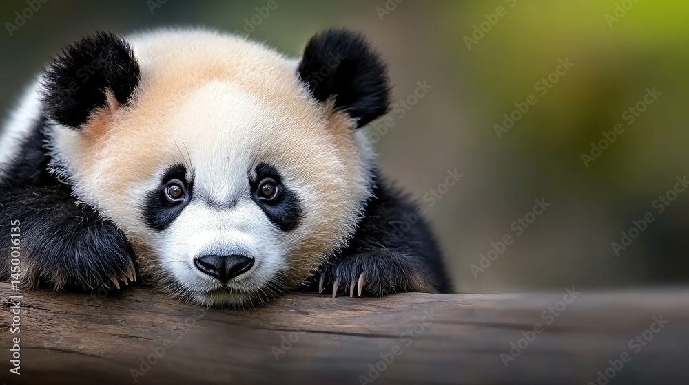 Fototapeta premium Giant panda close-up with soft fur textures, deep black-and-white contrast, serene expression.