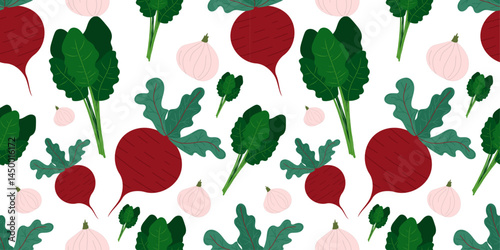 Beetroot, spinach, and garlic seamless vegetable pattern vector illustration, perfect for healthy food backgrounds, farm-to-table packaging, Eastern European cuisine themes, and print design.
