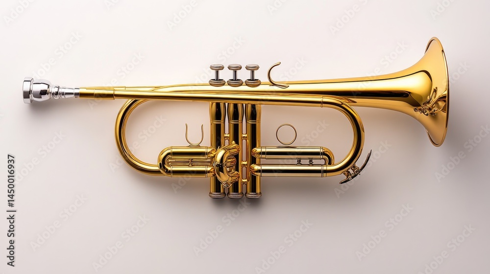 Obraz premium High-definition shot of a polished brass trumpet with intricate tubing, sharp highlights on an ideal white background.