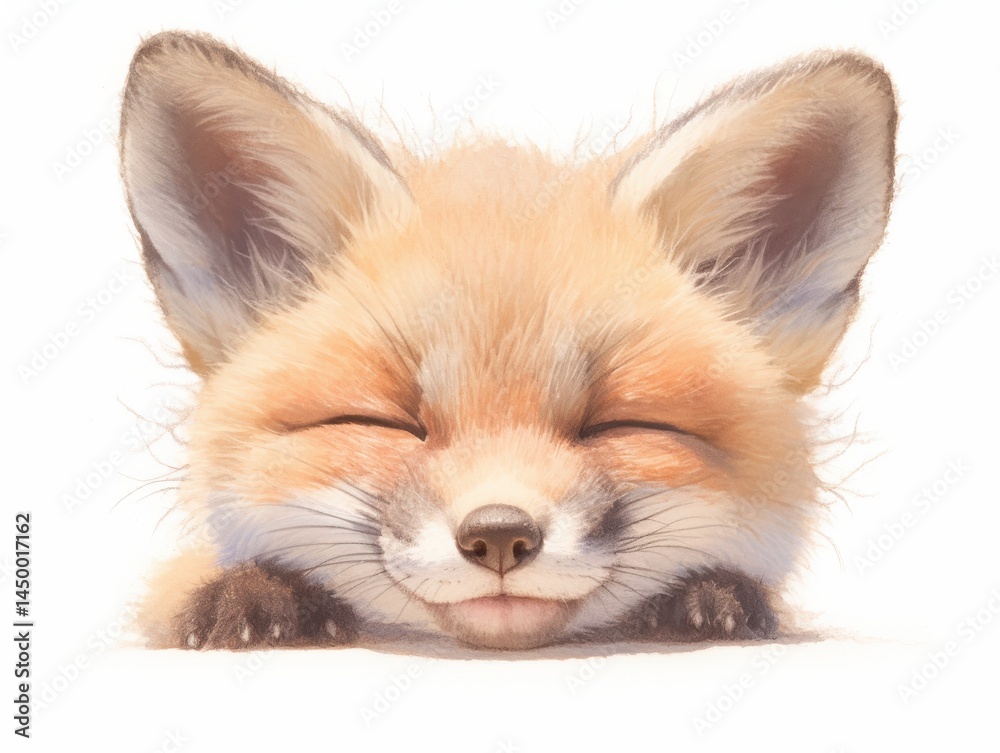 Fototapeta premium A sleepy baby fox portrait smiles happily on a white background