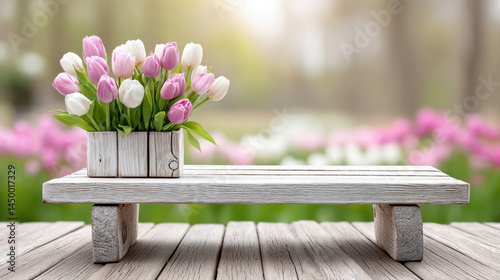 Bouquet of pink and white tulips in rustic wooden box sits on weathered wooden table with blurred garden background, creating peaceful and fresh spring atmosphere