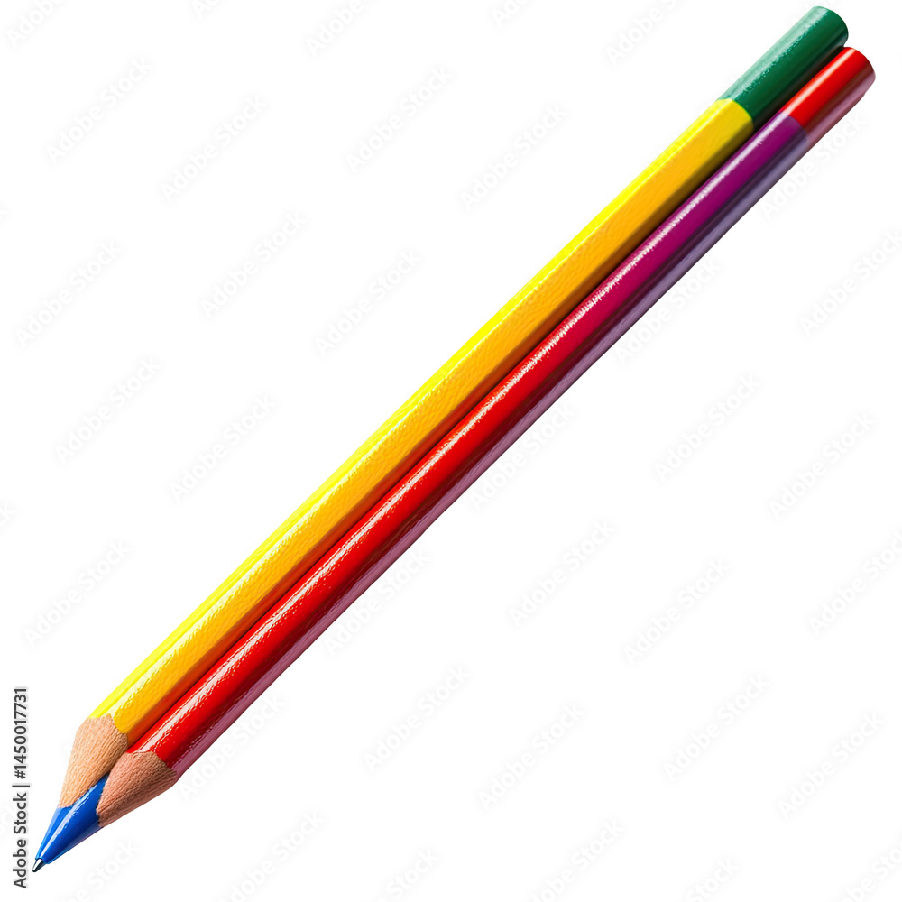 Multicolored drawing pencils in a diagonal arrangement. The pencils are layered, showcasing various vibrant colors yellow, red, purple, and green. They taper to a point Multicolored drawing pencils in a diagonal arrangement. The pencils are layered, showcasing various vibrant colors yellow, red, purple, and green. They taper to a point