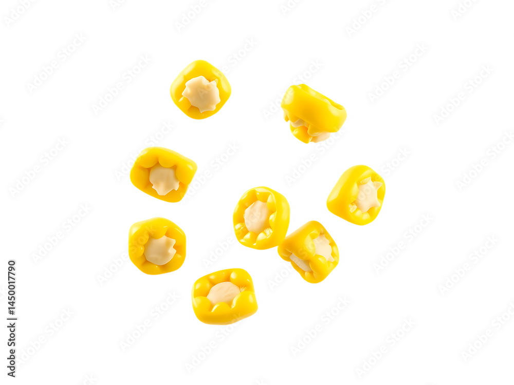 Fototapeta premium Sweet Corn Kernels Falling on a transparent background Isolated