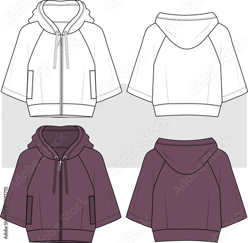 Oversized raglan double half sleeved Sleeve Hoodie, jacket. Fashion Flat Sketch Vector Illustration, CAD, Technical Drawing, Flat Drawing, Template, Mockup.