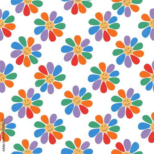 Colorful retro smiling face flower seamless pattern. Cute happy pride minimalistic rainbow colored background. Hand drawn flat design vector illustration.