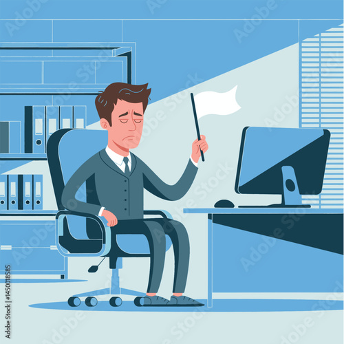 businessmen surrender by waving the white flag design on office background flat