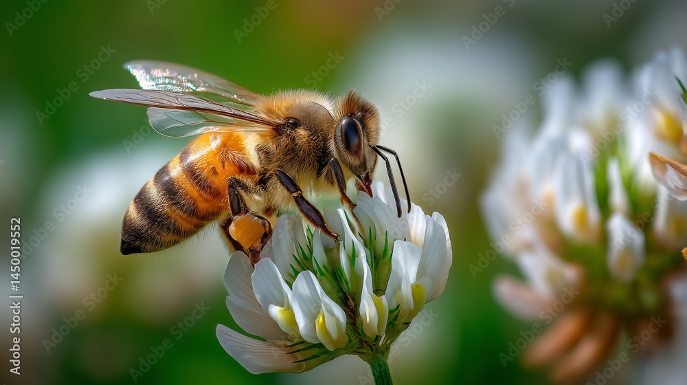 A honeybee, meticulously captured in macro, delicately poised on a white clover flower, its body dusted with pollen, a perfect illustration of the wonders of nature and pollination. A honeybee, meticulously captured in macro, delicately poised on a white clover flower, its body dusted with pollen, a perfect illustration of the wonders of nature and pollination.