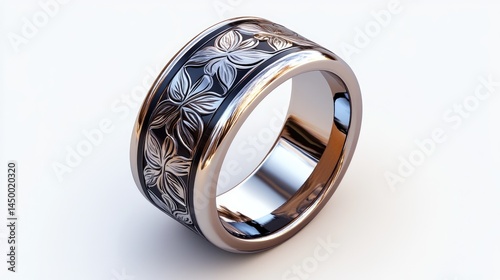 High-resolution image of a polished silver napkin ring with engraved patterns, floating on an immaculately white background.