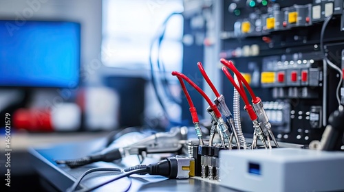 Fiber optic connectors and telecom maintenance tools on tech workbench