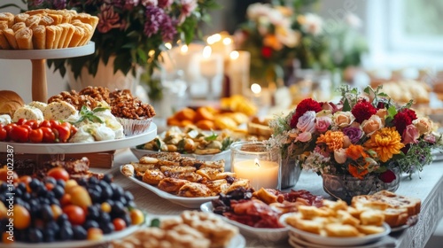 Delicious Buffet Table With Assorted Food And Flowers