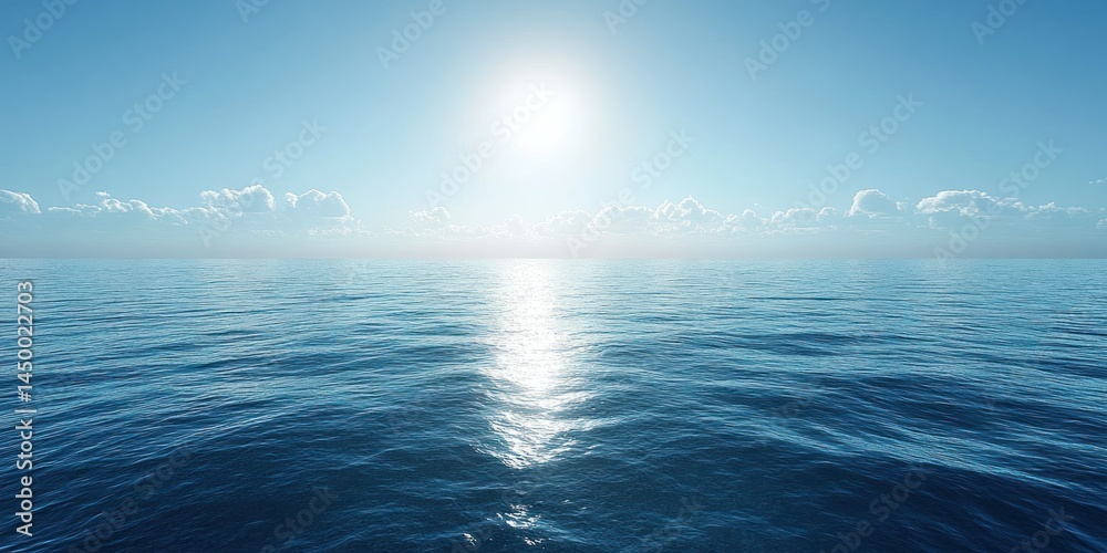 Fototapeta premium Serene Ocean Vista with Bright Sunlight Reflecting on Calm Waters under Clear Blue Sky