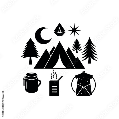 Camping gear icons for outdoor adventure use