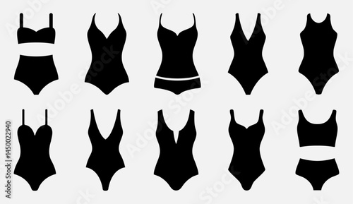 Silhouette set of women’s swimwear icons. Bikini set for girls isolated. Monokini, high waist, strapless, and modern swimsuit styles for summer fashion, Beachwear, or lingerie. Vector Illustration.