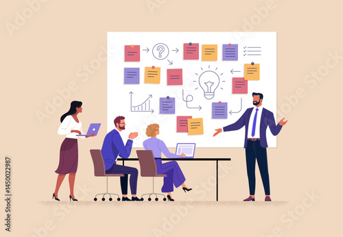 Business Workshop Concept. Vector cartoon illustration of a group of diverse people sitting at a table with a manager standing in front of them next to a board with stickers. Isolated on background