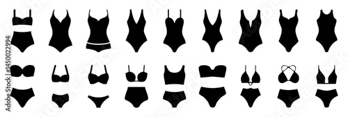 Silhouette set of women’s swimwear icons. Bikini set for girls isolated. Monokini, high waist, strapless, and modern swimsuit styles for summer fashion, Beachwear, or lingerie. Vector Illustration.