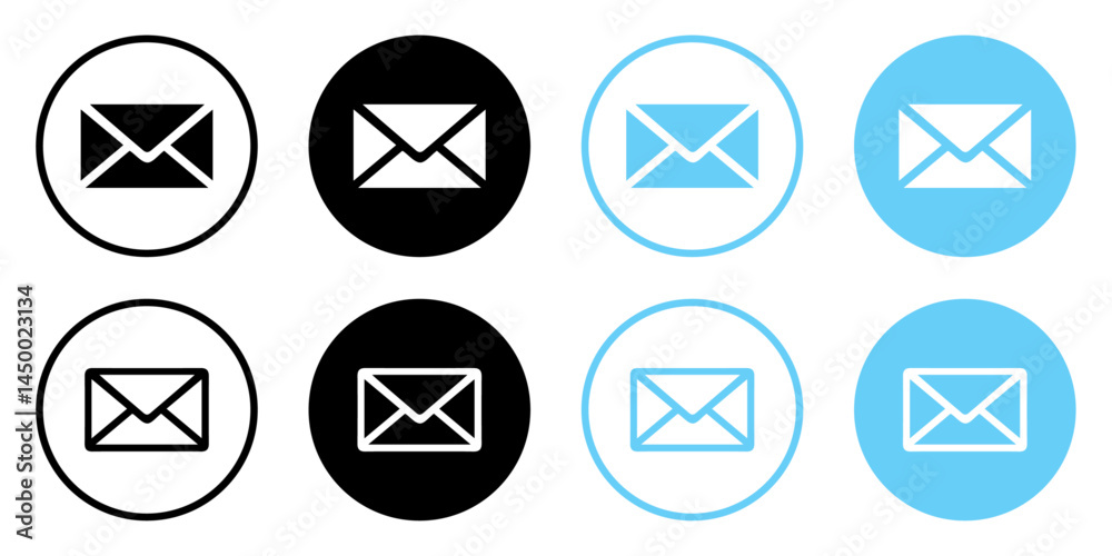 Email envelope icons set in blue and black color. Mail symbol collection. Envelope icon line and silhouette style. Envelope, email message and mail buttons. Notification new message icons. Email envelope icons set in blue and black color. Mail symbol collection. Envelope icon line and silhouette style. Envelope, email message and mail buttons. Notification new message icons.