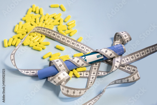  Ozempic syringe pen and measuring tape with a bunch of pills in the background