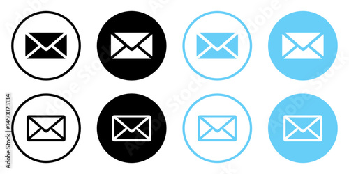Email envelope icons set in blue and black color. Mail symbol collection. Envelope icon line and silhouette style. Envelope, email message and mail buttons. Notification new message icons.