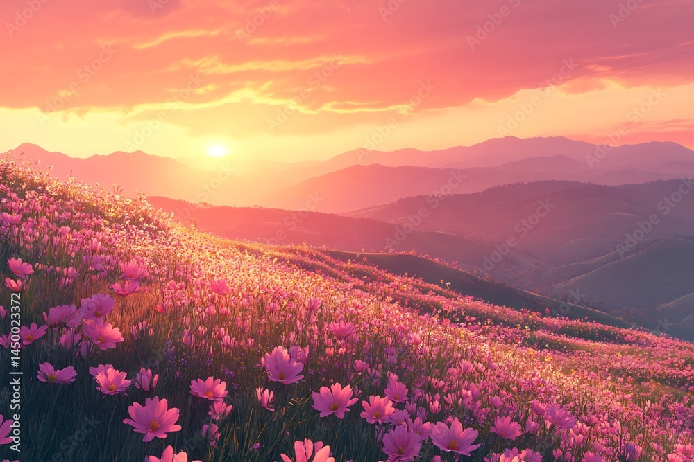 Fototapeta premium Rolling hills covered wildflowers under sunset sky vivid pink and orange gradient soft light realistic floral textures peaceful scenery