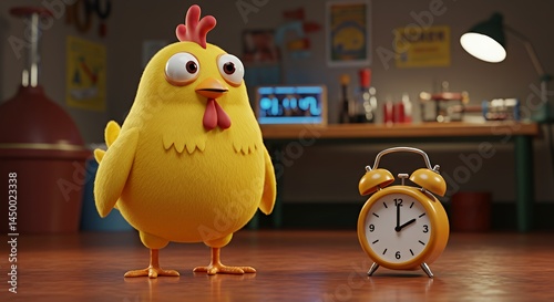 Cartoon Chicken with Alarm Clock Illustration for Children's Story