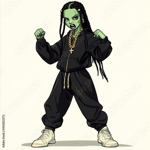 Cartoon Zombie Girl with Green Skin, Braids, and Black Streetwear, Urban Style Mascot Character Vector Illustration