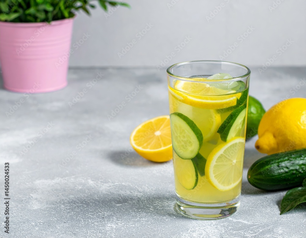 Fototapeta premium A tall glass of citrus cucumber drink sits on a gray table, garnished with lemon and lime slices, surrounded by fresh ingredients and a potted plant.