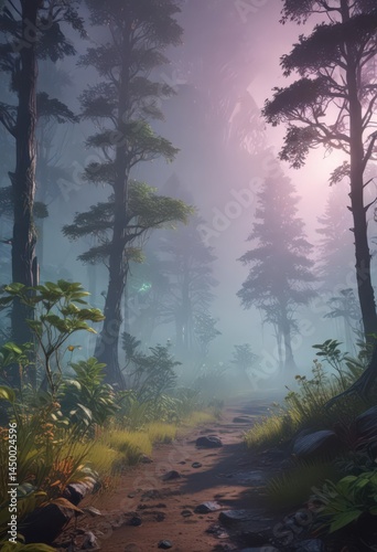 Alien holographic forest, vibrant glowing vegetation, thick mist , yellow, vegetation, digital art