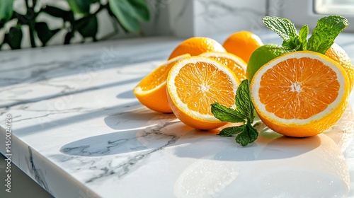 Citrus drink ingredients with sliced oranges and mint leaves scattered near one edge of a clean countertop, sparkling daylight, fresh summer kitchen vibe, no humans