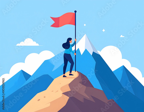 Woman On Mountain Peak With Red Flag Reaching Achievement