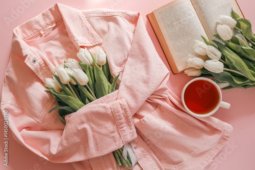 Wallpaper Mural Fla tay with white tulips, pink denim jacket, open vintage book, and cup of tea on pink background - cozy spring morning setup with soft feminine tones Torontodigital.ca
