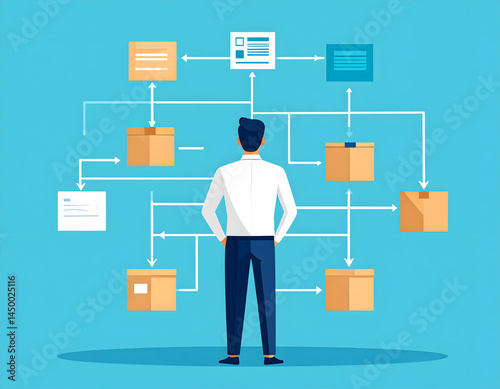 Businessman Reviewing Workflow Process with Cardboard Boxes