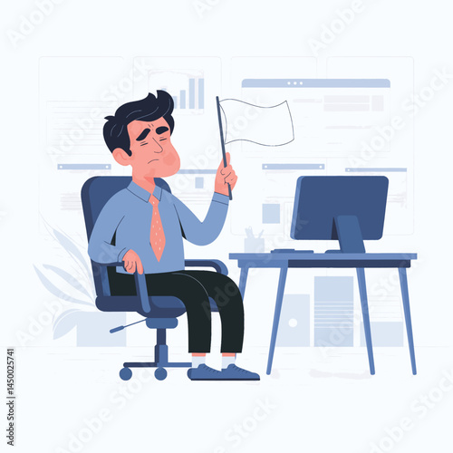 businessmen surrender by waving the white flag on office background