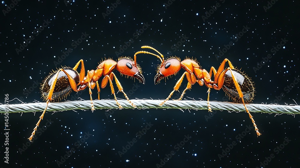 Fototapeta premium Ants facing off on wire