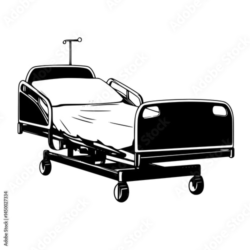 Hospital bed designed for patient care in medical facilities with adjustable height and wheels for mobility